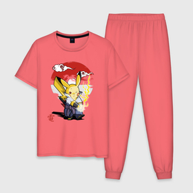 Мужская пижама хлопок с принтом Пикачу Удар Молнией , 100% хлопок | брюки и футболка прямого кроя, без карманов, на брюках мягкая резинка на поясе и по низу штанин
 | go | pikachu | pokemon | го | пика | пикачу | покемон