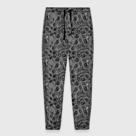 Мужские брюки 3D с принтом Черно-белый ажурный узор  в Белгороде, 100% полиэстер | манжеты по низу, эластичный пояс регулируется шнурком, по бокам два кармана без застежек, внутренняя часть кармана из мелкой сетки | Тематика изображения на принте: абстрактные цветы | абстрактный узор | ажурный | для женщин | кружевные цветы | модный | цветочный | цветы | черный и белый