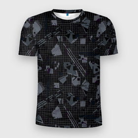 Мужская футболка 3D спортивная с принтом Темный серый узор мемфис в Санкт-Петербурге, 100% полиэстер с улучшенными характеристиками | приталенный силуэт, круглая горловина, широкие плечи, сужается к линии бедра | абстрактный | геометрический | детский | клетка | клетчатый узор | линии | мемфис | популярный | современный | темно черный | школьный