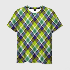 Мужская футболка 3D с принтом Крупный клетчатый косой узор в Екатеринбурге, 100% полиэфир | прямой крой, круглый вырез горловины, длина до линии бедер | зеленый | зеленый и синий | клетка | клетчатый узор | косая клетка | модный | молодежный | плед | современный