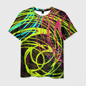 Мужская футболка 3D с принтом Разноцветные спирали  в Екатеринбурге, 100% полиэфир | прямой крой, круглый вырез горловины, длина до линии бедер | абстрактный | желтый | круги | модный | молодежный | разводы | разноцветная абстракция | розовый | современный | спирали | черный
