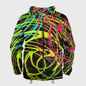 Мужская ветровка 3D с принтом Разноцветные спирали  в Новосибирске, 100% полиэстер | подол и капюшон оформлены резинкой с фиксаторами, два кармана без застежек по бокам, один потайной карман на груди | абстрактный | желтый | круги | модный | молодежный | разводы | разноцветная абстракция | розовый | современный | спирали | черный