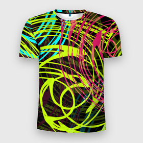 Мужская футболка 3D спортивная с принтом Разноцветные спирали  в Новосибирске, 100% полиэстер с улучшенными характеристиками | приталенный силуэт, круглая горловина, широкие плечи, сужается к линии бедра | абстрактный | желтый | круги | модный | молодежный | разводы | разноцветная абстракция | розовый | современный | спирали | черный