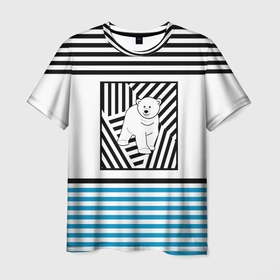 Мужская футболка 3D с принтом Белый медведь . в Белгороде, 100% полиэфир | прямой крой, круглый вырез горловины, длина до линии бедер | белый медведь | детский | зима | медведь | новый год | полосатый узор | полосы | синий полосы | черные полосы