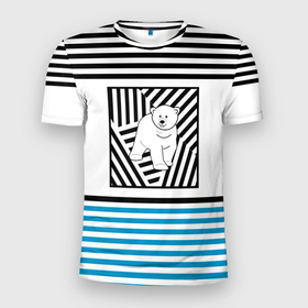 Мужская футболка 3D спортивная с принтом Белый медведь . в Белгороде, 100% полиэстер с улучшенными характеристиками | приталенный силуэт, круглая горловина, широкие плечи, сужается к линии бедра | белый медведь | детский | зима | медведь | новый год | полосатый узор | полосы | синий полосы | черные полосы