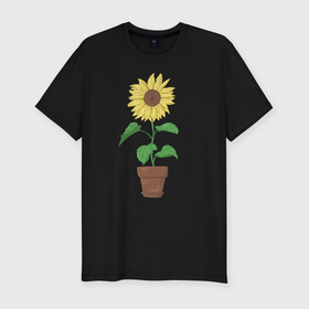Мужская футболка хлопок Slim с принтом Подсолнух в горшке в Тюмени, 92% хлопок, 8% лайкра | приталенный силуэт, круглый вырез ворота, длина до линии бедра, короткий рукав | Тематика изображения на принте: горшок | подсолнух | растение | цветок