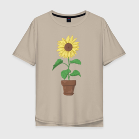 Мужская футболка хлопок Oversize с принтом Подсолнух в горшке в Курске, 100% хлопок | свободный крой, круглый ворот, “спинка” длиннее передней части | Тематика изображения на принте: горшок | подсолнух | растение | цветок