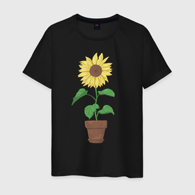 Мужская футболка хлопок с принтом Подсолнух в горшке в Курске, 100% хлопок | прямой крой, круглый вырез горловины, длина до линии бедер, слегка спущенное плечо. | горшок | подсолнух | растение | цветок