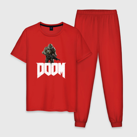 Мужская пижама хлопок с принтом Doom 2016 в Тюмени, 100% хлопок | брюки и футболка прямого кроя, без карманов, на брюках мягкая резинка на поясе и по низу штанин
 | doom | doom guy | doom slayer | doomguy | doomslayer | дум | дум гай | думгай | думслеер | думслэер | палач рока