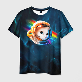 Мужская футболка 3D с принтом Котик Космонавт , 100% полиэфир | прямой крой, круглый вырез горловины, длина до линии бедер | Тематика изображения на принте: cat | астронавт | звезды | киса | киска | кися | космонавт | космос | кот | котик | котики | кошка | скафандр