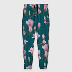 Мужские брюки 3D с принтом Розовые магнолии на бирюзовом в Белгороде, 100% полиэстер | манжеты по низу, эластичный пояс регулируется шнурком, по бокам два кармана без застежек, внутренняя часть кармана из мелкой сетки | Тематика изображения на принте: 8 марта | flowers | summer | бирюзовый | ботаническая иллюстрация | весна | зеленый | лето | любовь | магнолия | праздник | принт | природа | растения | розовый | цветы