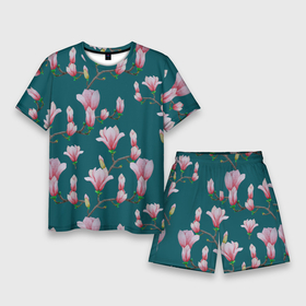 Мужской костюм с шортами 3D с принтом Розовые магнолии на бирюзовом ,  |  | 8 марта | flowers | summer | бирюзовый | ботаническая иллюстрация | весна | зеленый | лето | любовь | магнолия | праздник | принт | природа | растения | розовый | цветы