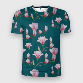 Мужская футболка 3D спортивная с принтом Розовые магнолии на бирюзовом в Курске, 100% полиэстер с улучшенными характеристиками | приталенный силуэт, круглая горловина, широкие плечи, сужается к линии бедра | 8 марта | flowers | summer | бирюзовый | ботаническая иллюстрация | весна | зеленый | лето | любовь | магнолия | праздник | принт | природа | растения | розовый | цветы