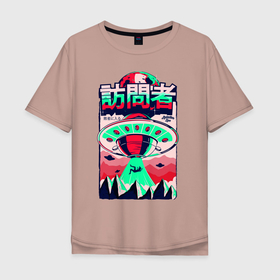 Мужская футболка хлопок Oversize с принтом НЛО Похищение в Екатеринбурге, 100% хлопок | свободный крой, круглый ворот, “спинка” длиннее передней части | горы | иероглифы | инопланетяне | летающая тарелка | марсианин | нло | пришельцы