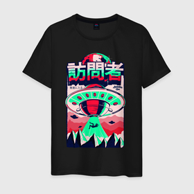 Мужская футболка хлопок с принтом НЛО Похищение в Санкт-Петербурге, 100% хлопок | прямой крой, круглый вырез горловины, длина до линии бедер, слегка спущенное плечо. | горы | иероглифы | инопланетяне | летающая тарелка | марсианин | нло | пришельцы