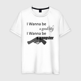 Мужская футболка хлопок с принтом I wanna be... в Новосибирске, 100% хлопок | прямой крой, круглый вырез горловины, длина до линии бедер, слегка спущенное плечо. | angel | damiano david | gangster | good boy | gun | гангстер | дамиано давид | крылья | манескин | нимб | пистолет