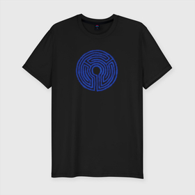 Мужская футболка хлопок Slim с принтом Лазерный лабиринт  в Белгороде, 92% хлопок, 8% лайкра | приталенный силуэт, круглый вырез ворота, длина до линии бедра, короткий рукав | secret lab | круглый лабиринт | лазерная арена | лазерный круг | неон | синий круг
