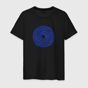 Мужская футболка хлопок с принтом Лазерный лабиринт  в Новосибирске, 100% хлопок | прямой крой, круглый вырез горловины, длина до линии бедер, слегка спущенное плечо. | secret lab | круглый лабиринт | лазерная арена | лазерный круг | неон | синий круг