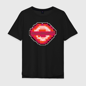 Мужская футболка хлопок Oversize с принтом Пиксельные губы в Екатеринбурге, 100% хлопок | свободный крой, круглый ворот, “спинка” длиннее передней части | kiss | pixel art | pixel lips | большие губы | губки | губы | иллюстрация | красные губы | пиксель арт | пиксельная графика | пиксельные губы | поцелуй | рисунок