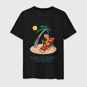 Мужская футболка хлопок с принтом Котик встречает НГ на пляже , 100% хлопок | прямой крой, круглый вырез горловины, длина до линии бедер, слегка спущенное плечо. | christmas | бали | зимой в лето | иллюстрация | коктейль | кот | котик | котэ | лето | море | нг | новогодний | новый год | океан | острова | пальма | песок | пляж | прикольные картинки | рисунок | солнце