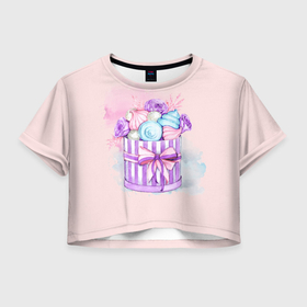 Женская футболка Crop-top 3D с принтом Сладкий подарок в Ухте, 100% полиэстер | круглая горловина, длина футболки до линии талии, рукава с отворотами | gift | present | sweet | акварель | акварельный | бант | десерты | зефир | коробка | любимой | подарок | подарочек | подруге | подружке | рафаэлло | сладкая | сладкий | сладости | цветы