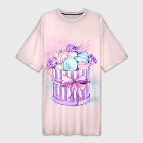 Платье-футболка 3D с принтом Сладкий подарок в Екатеринбурге,  |  | gift | present | sweet | акварель | акварельный | бант | десерты | зефир | коробка | любимой | подарок | подарочек | подруге | подружке | рафаэлло | сладкая | сладкий | сладости | цветы