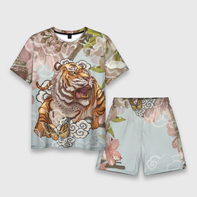 Мужской костюм с шортами 3D с принтом Тигр в облаках в Курске,  |  | бабочка | восточные мотивы | нежность | облака | сакура | тигр | хищник | цветы