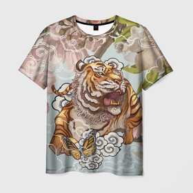 Мужская футболка 3D с принтом Тигр в облаках , 100% полиэфир | прямой крой, круглый вырез горловины, длина до линии бедер | Тематика изображения на принте: бабочка | восточные мотивы | нежность | облака | сакура | тигр | хищник | цветы