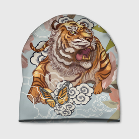 Шапка 3D с принтом Тигр в облаках в Петрозаводске, 100% полиэстер | универсальный размер, печать по всей поверхности изделия | бабочка | восточные мотивы | нежность | облака | сакура | тигр | хищник | цветы