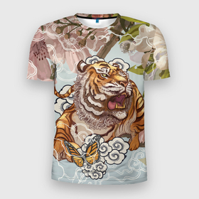 Мужская футболка 3D спортивная с принтом Тигр в облаках в Курске, 100% полиэстер с улучшенными характеристиками | приталенный силуэт, круглая горловина, широкие плечи, сужается к линии бедра | бабочка | восточные мотивы | нежность | облака | сакура | тигр | хищник | цветы