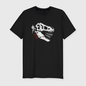 Мужская футболка хлопок Slim с принтом Тиранозавр Рекс в Новосибирске, 92% хлопок, 8% лайкра | приталенный силуэт, круглый вырез ворота, длина до линии бедра, короткий рукав | Тематика изображения на принте: дино | динозавр | животные | зверь | иероглифы | скелет | тиранозавр рекс | хищник | череп