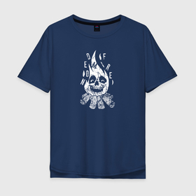 Мужская футболка хлопок Oversize с принтом Demon fire в Новосибирске, 100% хлопок | свободный крой, круглый ворот, “спинка” длиннее передней части | Тематика изображения на принте: demon | fire | monster | демон огня | костер | монстр | огонь | пламя | страшный | хоррор | череп