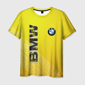 Мужская футболка 3D с принтом BMW СЛЕДЫ ШИН | БМВ в Екатеринбурге, 100% полиэфир | прямой крой, круглый вырез горловины, длина до линии бедер | bmw | авто | автомобиль | бмв | логотип | марка | машина | надпись | текстура