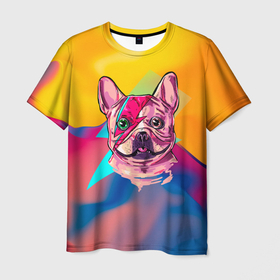 Мужская футболка 3D с принтом Собака с молнией в Санкт-Петербурге, 100% полиэфир | прямой крой, круглый вырез горловины, длина до линии бедер | dog | бульдог | гроза | молния | мопс | пес | собака | собаки | собачка | текстура