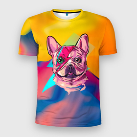Мужская футболка 3D спортивная с принтом Собака с молнией в Тюмени, 100% полиэстер с улучшенными характеристиками | приталенный силуэт, круглая горловина, широкие плечи, сужается к линии бедра | dog | бульдог | гроза | молния | мопс | пес | собака | собаки | собачка | текстура
