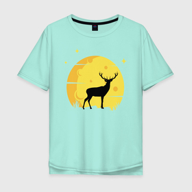 Мужская футболка хлопок Oversize с принтом Олень перед Луной в Санкт-Петербурге, 100% хлопок | свободный крой, круглый ворот, “спинка” длиннее передней части | животное | звезды | зверь | лесное животное | лось | луна | олень | парнокопытные | рогатый