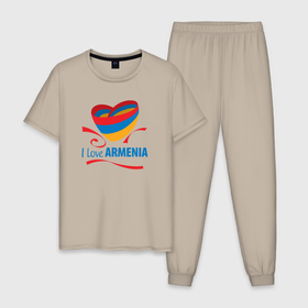 Мужская пижама хлопок с принтом Я люблю Армению в Тюмени, 100% хлопок | брюки и футболка прямого кроя, без карманов, на брюках мягкая резинка на поясе и по низу штанин
 | armenia | logo | армения | армян | армяни | герб | лев и орел | лого | символ | флаг | флаг и герб армении