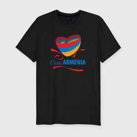 Мужская футболка хлопок Slim с принтом Я люблю Армению в Тюмени, 92% хлопок, 8% лайкра | приталенный силуэт, круглый вырез ворота, длина до линии бедра, короткий рукав | armenia | logo | армения | армян | армяни | герб | лев и орел | лого | символ | флаг | флаг и герб армении