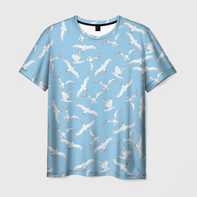 Мужская футболка 3D с принтом Чайки в небе паттерн в Белгороде, 100% полиэфир | прямой крой, круглый вырез горловины, длина до линии бедер | акварель | голубое небо | иллюстрация | паттерн | птицы | рисунок | чайка | чайки | чайки в небе