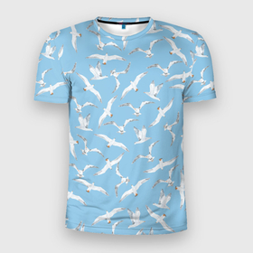 Мужская футболка 3D спортивная с принтом Чайки в небе паттерн в Тюмени, 100% полиэстер с улучшенными характеристиками | приталенный силуэт, круглая горловина, широкие плечи, сужается к линии бедра | акварель | голубое небо | иллюстрация | паттерн | птицы | рисунок | чайка | чайки | чайки в небе
