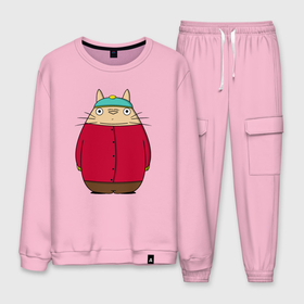 Мужской костюм хлопок с принтом Totoro Cartman в Белгороде, 100% хлопок | на свитшоте круглая горловина, мягкая резинка по низу. Брюки заужены к низу, на них два вида карманов: два “обычных” по бокам и два объемных, с клапанами, расположенные ниже линии бедра. Брюки с мягкой трикотажной резинкой на поясе и по низу штанин. В поясе для дополнительного комфорта — широкие завязки | Тематика изображения на принте: ghibli | japan | nature | neigbor | neighbour | totoro | анимация | аниме | гибли | друг | животные | лес | милый | мир | миядзаки | мой сосед тоторо | мульт | мультфильм | природа | сосед | тоторо | хаяо | хранитель | япония