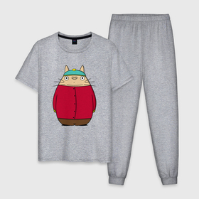 Мужская пижама хлопок с принтом Totoro Cartman в Кировске, 100% хлопок | брюки и футболка прямого кроя, без карманов, на брюках мягкая резинка на поясе и по низу штанин
 | ghibli | japan | nature | neigbor | neighbour | totoro | анимация | аниме | гибли | друг | животные | лес | милый | мир | миядзаки | мой сосед тоторо | мульт | мультфильм | природа | сосед | тоторо | хаяо | хранитель | япония