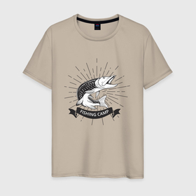 Мужская футболка хлопок с принтом Щучий лагерь в Екатеринбурге, 100% хлопок | прямой крой, круглый вырез горловины, длина до линии бедер, слегка спущенное плечо. | fish | fishing | мужику | мужчине | на рыбалке | на рыбалку | рыба | рыбак | рыбакам | рыбаку | рыбалка | удочка