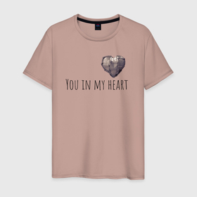 Мужская футболка хлопок с принтом Ты в моем сердце  в Белгороде, 100% хлопок | прямой крой, круглый вырез горловины, длина до линии бедер, слегка спущенное плечо. | you in my heart | любовь | сердце | текст | чувства
