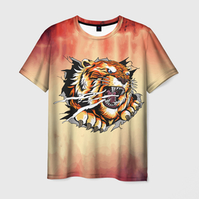Мужская футболка 3D с принтом Ярость в Белгороде, 100% полиэфир | прямой крой, круглый вырез горловины, длина до линии бедер | арт | голова | графика | животные | звери | тигр