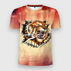 Мужская футболка 3D спортивная с принтом Ярость в Белгороде, 100% полиэстер с улучшенными характеристиками | приталенный силуэт, круглая горловина, широкие плечи, сужается к линии бедра | арт | голова | графика | животные | звери | тигр