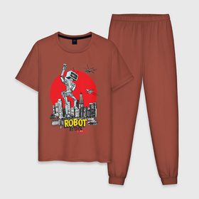 Мужская пижама хлопок с принтом Бруклин атакует робот в Петрозаводске, 100% хлопок | брюки и футболка прямого кроя, без карманов, на брюках мягкая резинка на поясе и по низу штанин
 | бруклин | город | железяка | иллюстрация | робот | самолет | сша