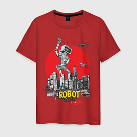 Мужская футболка хлопок с принтом Бруклин атакует робот в Белгороде, 100% хлопок | прямой крой, круглый вырез горловины, длина до линии бедер, слегка спущенное плечо. | бруклин | город | железяка | иллюстрация | робот | самолет | сша