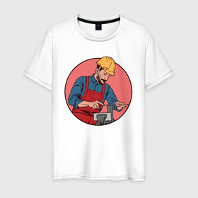Мужская футболка хлопок с принтом Строитель в Новосибирске, 100% хлопок | прямой крой, круглый вырез горловины, длина до линии бедер, слегка спущенное плечо. | иллюстрация | каска | работник | рабочий | строика | фартук
