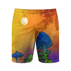 Мужские шорты спортивные с принтом Заколдованный лес в Тюмени,  |  | акварель | глитч грибы | грибы | грибы нарисованные карандашом | листва | необычный лес | цветные грибы